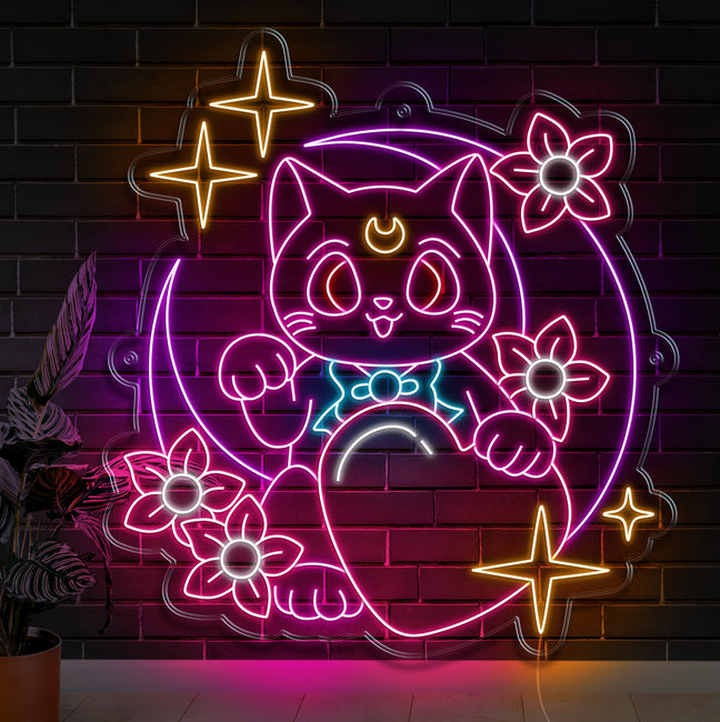 Moon Cat Neon Sign - Gamer Decoration