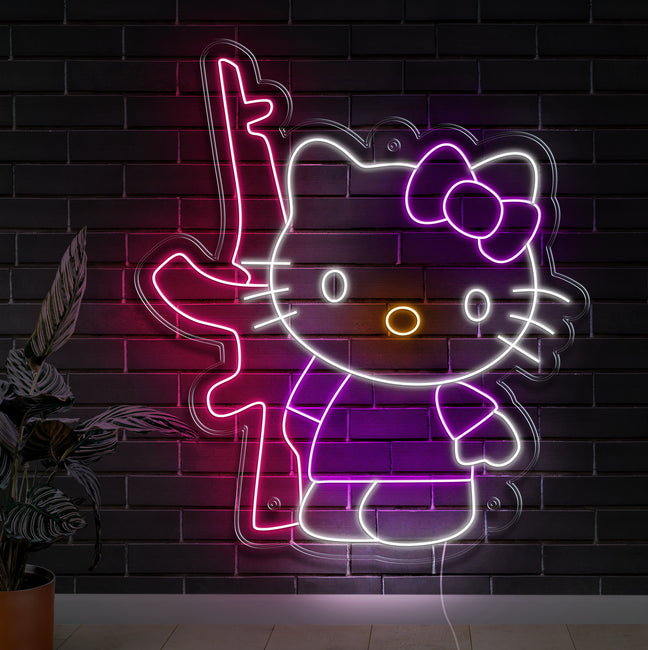Hello Kitty With Gun Neon Sign - Gamer Decoration